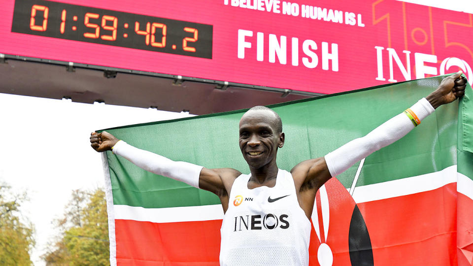 Eliud Kipchoge, pictured here celebrating in the finish area.