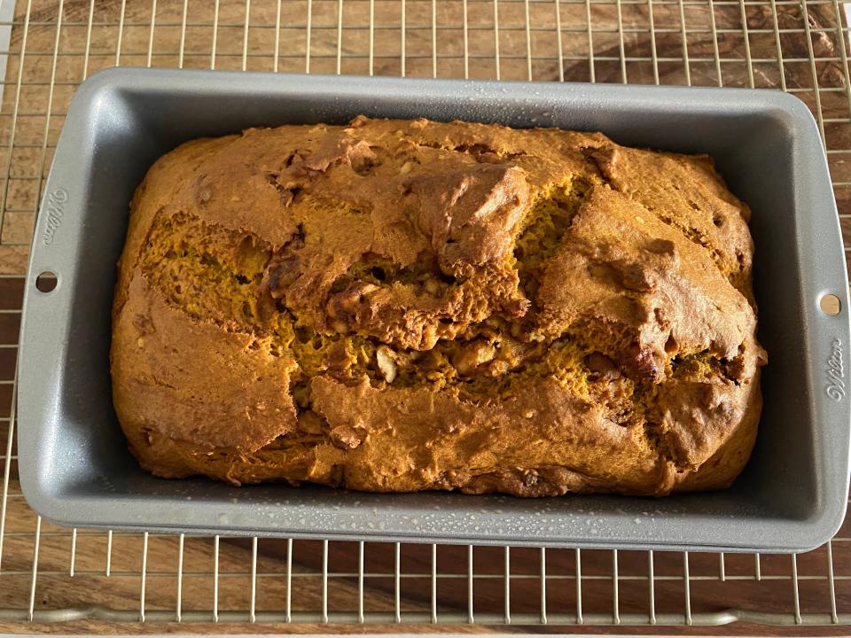 Bobby Flay's pumpkin bread in a loaf.