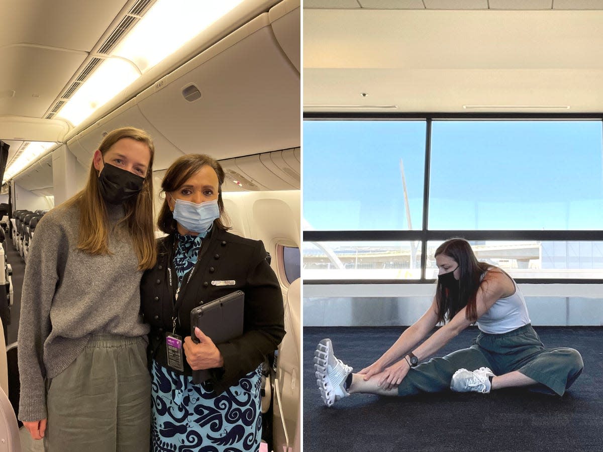 The author befriended flight attendants and exercised before the flight to prepare for 14 hours on a plane.