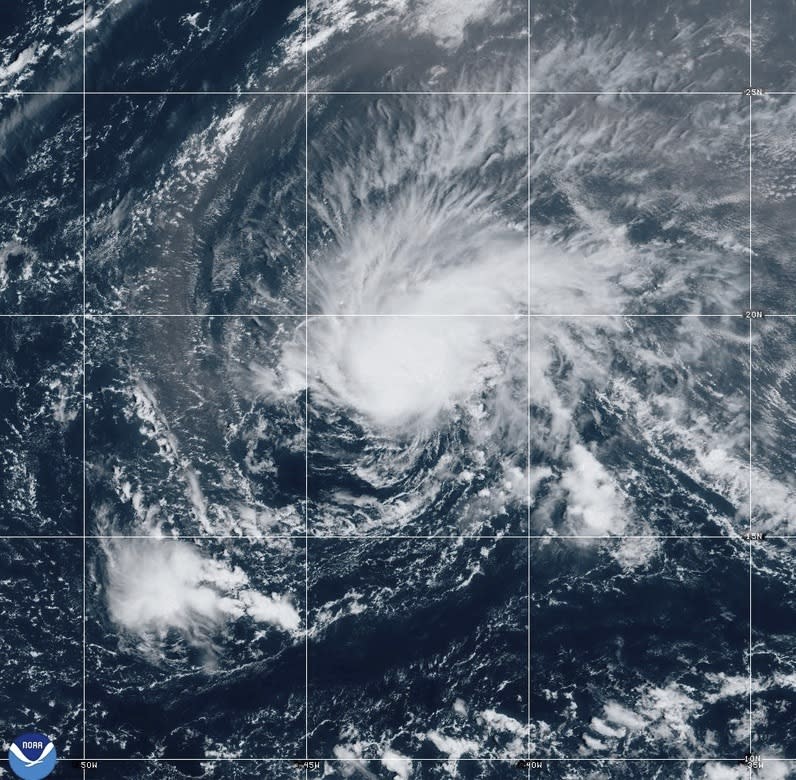 Hurricane Isaac and Tropical Storm Joyce move through the open Atlantic