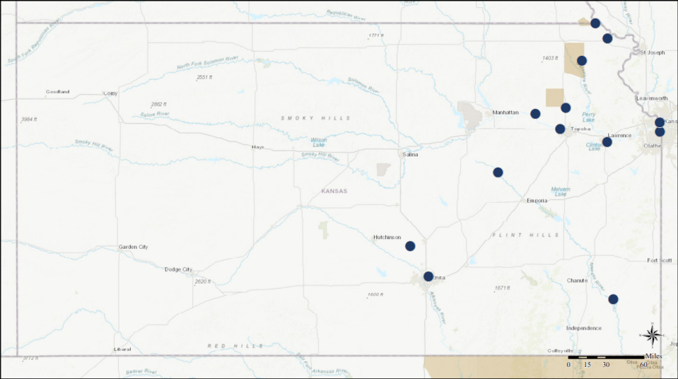 This map from the U.S. Department of the Interior's Federal Indian Boarding School Initiative shows sites in Kansas. The state had 12 schools across 14 sites, which included two in Halstead, that furthered the federal government's work to assimilate Native American children while taking land from tribes.