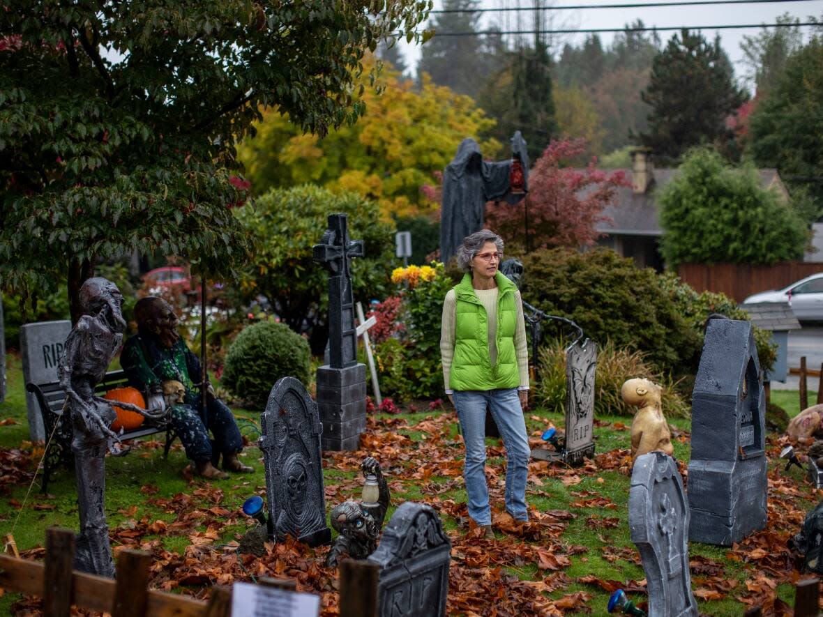 Jodie Blank is pictured at her home, which she and her husband Trevor Watson have turned into a Halloween haunted house in North Vancouver, British Columbia. (Ben Nelms/CBC - image credit)