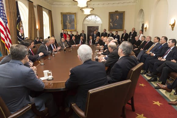 President Trump meeting with his cabinet and House Freedom Caucus members.