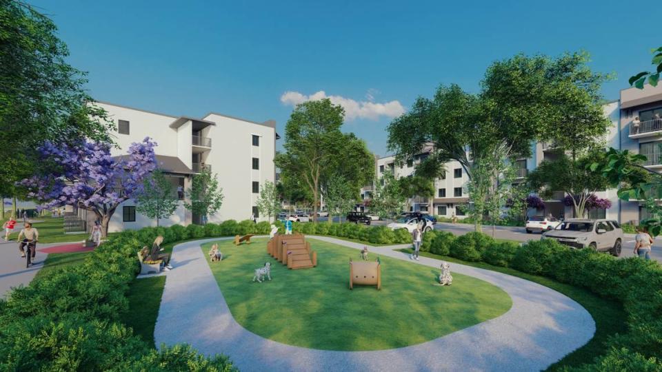La nueva urbanización de Florida City tendrá 342 apartamentos. Arriba: Los habitantes tendrán acceso a un parque comunitario para perros, mostrado en esta representación.