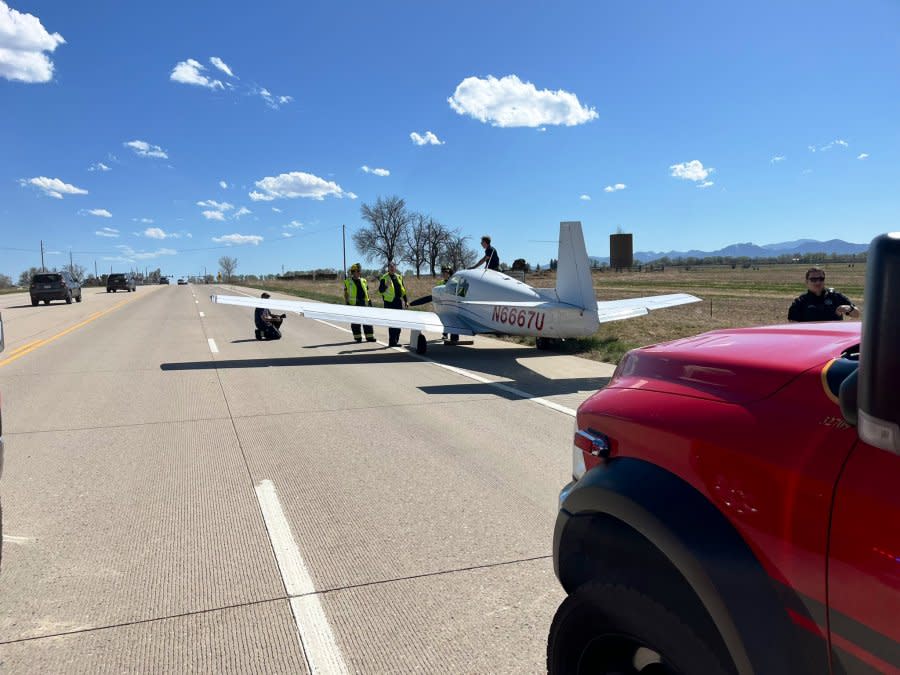 A small plane with one occupant made an emergency landing on U.S. Highway 287 Sunday afternoon. (Boulder County Sheriff’s Office)