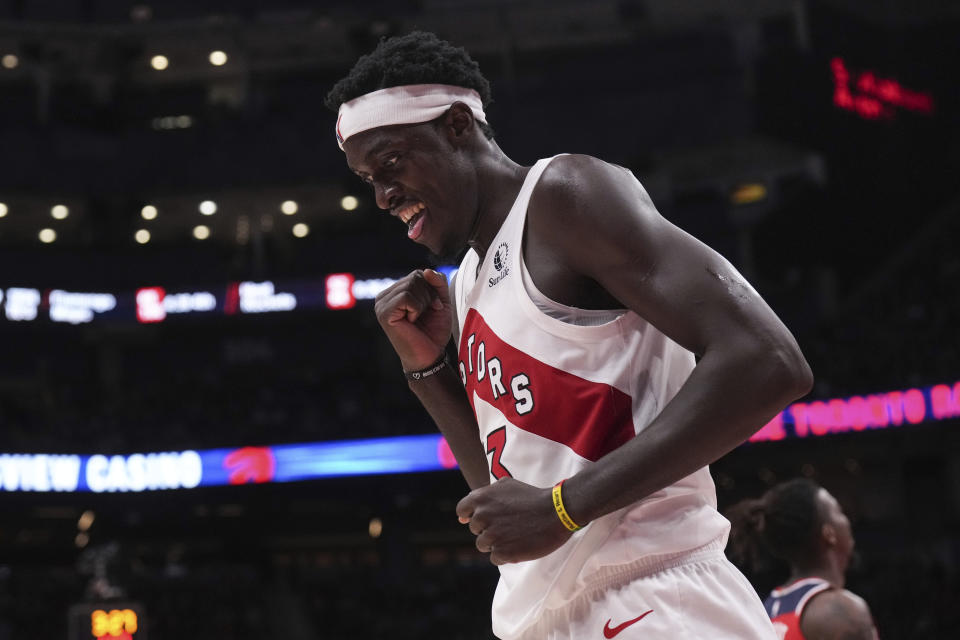 Toronto Raptors' Pascal Siakam celebrates after scoring against the Washington Wizards during second-half preseason NBA basketball game action in Toronto, Friday Oct. 20, 2023. (Chris Young/The Canadian Press via AP)