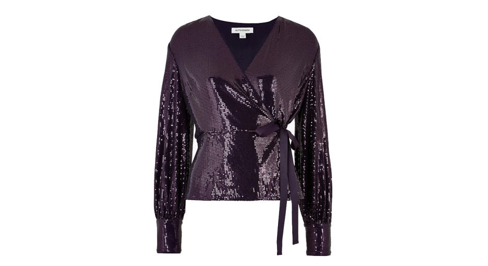 Sequin V Neck Long Sleeve Wrap Top