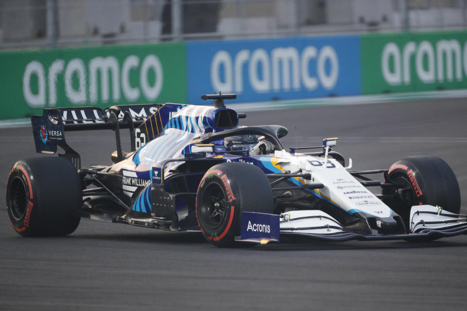 Williams driver George Russell of Britain in action during practice session for the Formula One Saudi Arabian Grand Prix in Jiddah, Saturday, Dec. 4, 2021. (AP Photo/Amr Nabil)