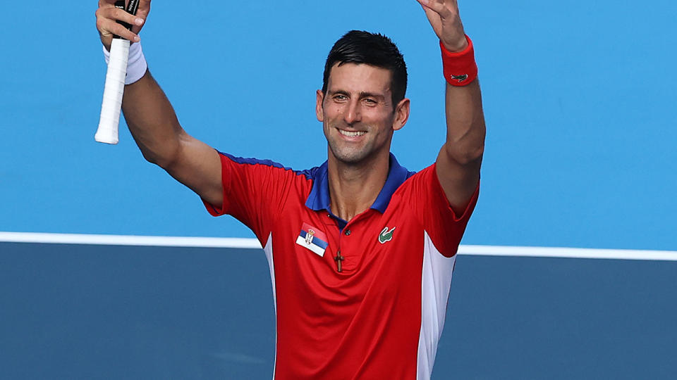 Novak Djokovic, pictured here after his victory over Hugo Dellien at the Olympics. 