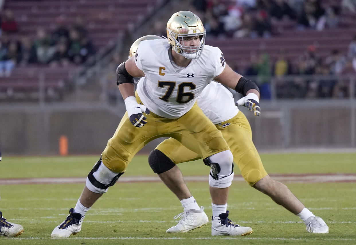 STANFORD, CALIFORNIA - NOVEMBER 25: Joe Alt #76 of the Notre Dame Fighting Irish pass protects against the Stanford Cardinal during the second quarter of an NCAA football game at Stanford Stadium on November 25, 2023 in Stanford, California. (Photo by Thearon W. Henderson/Getty Images)