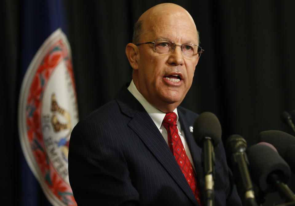 Richard Homan, Dean of EVMS School of Medicine, speaks during a news conference, Wednesday, May 22, 2019, in Norfolk, Va., about a report announcing the results of an investigation into a blackface photo that appeared on the yearbook page of Virginia Gov. Ralph Northam from his Eastern Virginia Medical School yearbook. Investigators with the McGuire Woods law firm hired by EVMS said Wednesday they couldn't "conclusively determine" the identities of either person in the 35-year-old photo. (AP Photo/Steve Helber)