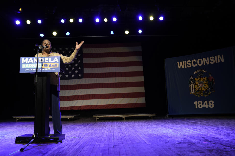 Rep. Gwen Moore, D-Wis., speaks before Wisconsin Democratic U.S. Senate candidate Mandela Barnes at his election night party Tuesday, Nov. 8, 2022, in Milwaukee. (AP Photo/Morry Gash)