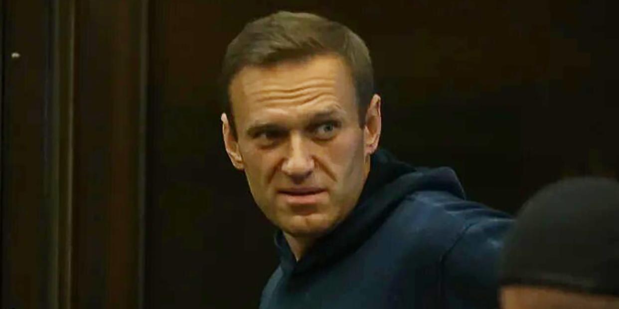 MOSCOW, RUSSIA FEBRUARY 2, 2021: Opposition activist Alexei Navalny appears at Moscow City Court for a Simonovsky District Court hearing into an application by the Russian Federal Penitentiary Service to convert his suspended sentence of three and a half years into a real jail term. Navalny, who had been wanted in Russia since December 2020 for violating probation conditions in the Yves Rocher case, was detained at Sheremetyevo Airport near Moscow on his return to Russia from Germany on 17 January 2021. On 18 January, Moscow Regions Khimki Court ruled that Navalny be put into custody until 15 February 2021. Moscow City Court Press Service/TASS THIS IMAGE WAS PROVIDED BY A THIRD PARTY. EDITORIAL USE ONLY (Photo by Moscow City Court Press Office\TASS via Getty Images)