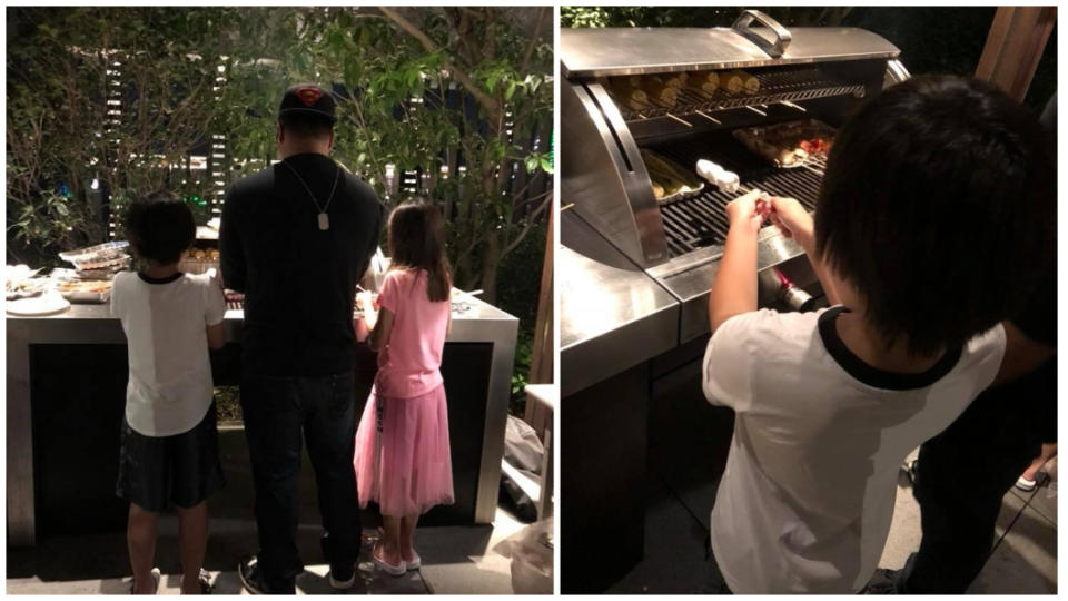 林志穎兒子Kimi與鍾麗緹女兒一起顧烤爐。圖／翻攝自林志穎 Jimmy Lin臉書