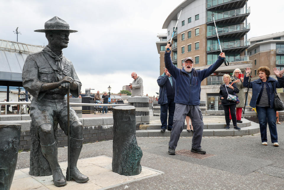 Local resident Len Banister shows his support for a statue of Robert Baden-Powell on Poole Quay in Dorset ahead of its expected removal to "safe storage" following concerns about his actions while in the military and "Nazi sympathies". The action follows a raft of Black Lives Matter protests across the UK, sparked by the death of George Floyd, who was killed on May 25 while in police custody in the US city of Minneapolis.