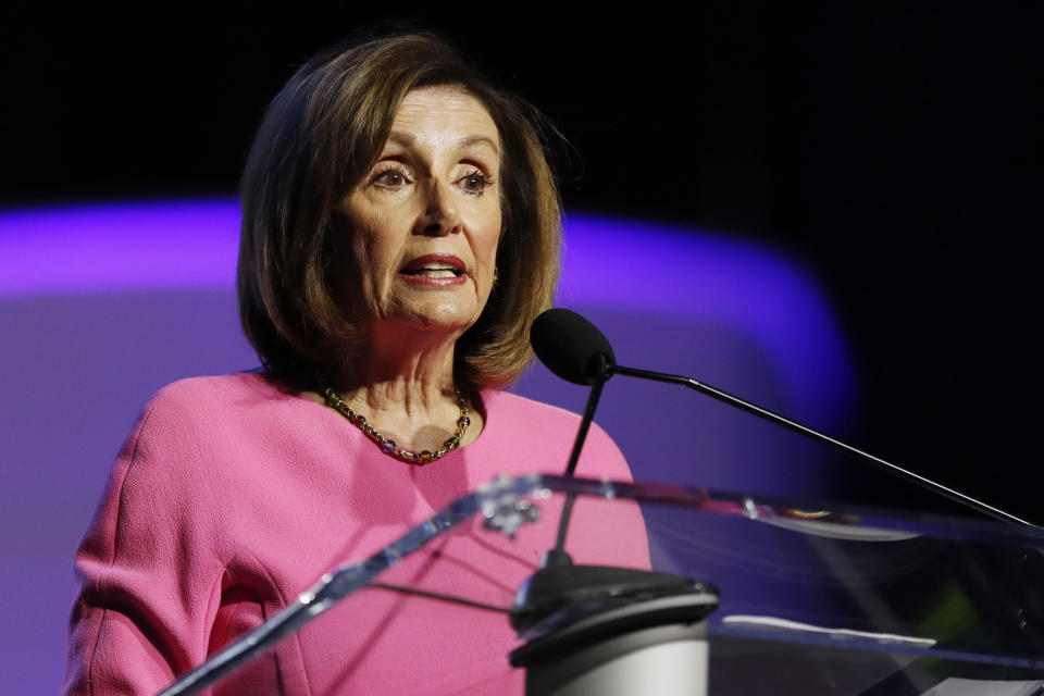 Speaker of the House Nancy Pelosi, D-Calif., addresses the NAACP convention, Monday, July 22, 2019, in Detroit. (AP Photo/Carlos Osorio)