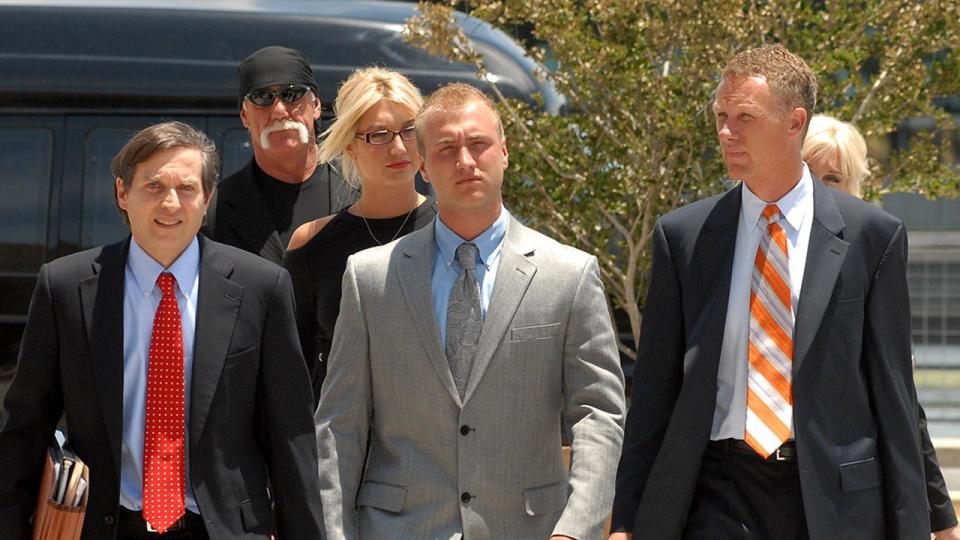 Nick Hogan walks to court with dad Hulk Hogan and sister Brooke