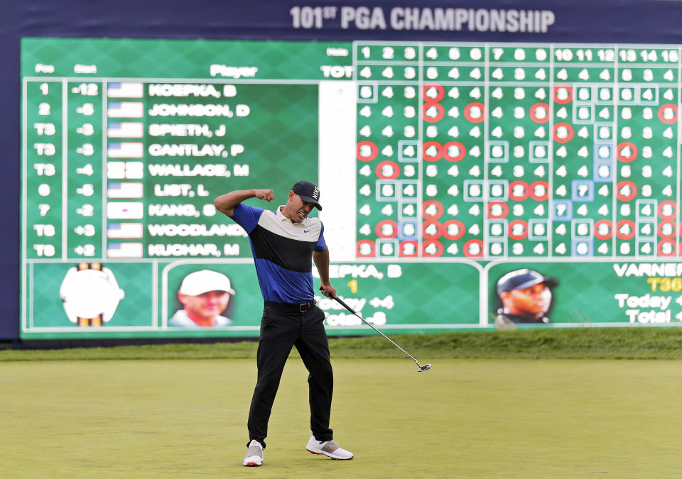 Brooks Koepka reacts after winning the PGA Championship golf tournament, Sunday, May 19, 2019, at Bethpage Black in Farmingdale, N.Y. (AP Photo/Seth Wenig)