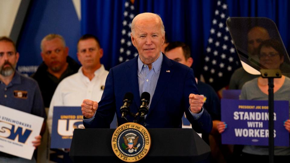 PHOTO: President Joe Biden speaks to members of the United Steel Workers Union at the United Steel Workers Headquarters, April 17, 2024, in Pittsburgh. (Jeff Swensen/Getty Images)