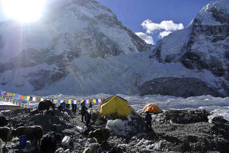 Sherpas spend time near their tents on Mount Everest in April 2014. REUTERS/Phurba Tenjing Sherpa