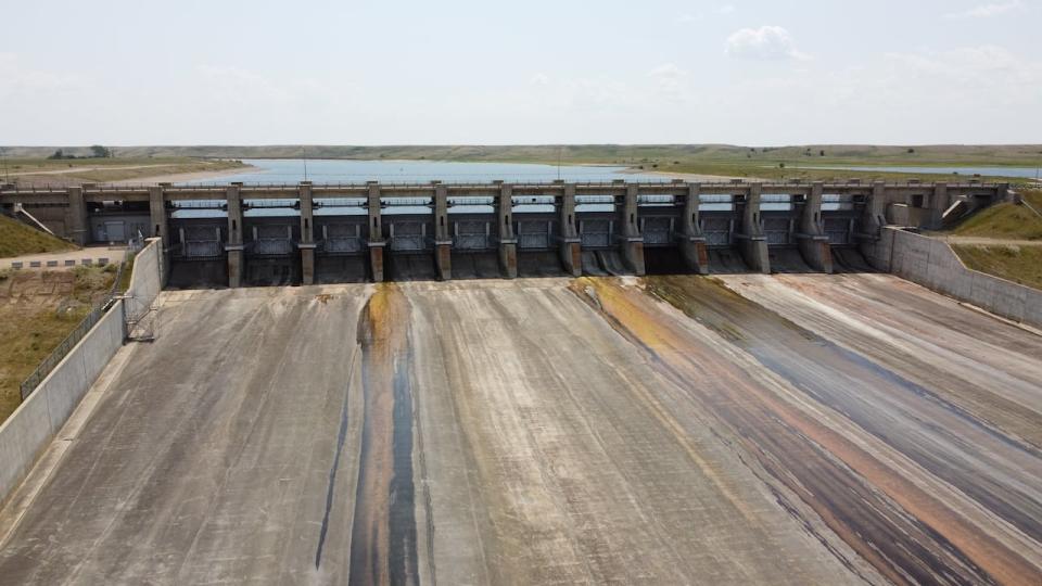 File - Drone footage of the spillway at Lake Diefenbaker, a man-made reservoir created in 1967 by the Saskatchewan and federal governments. 