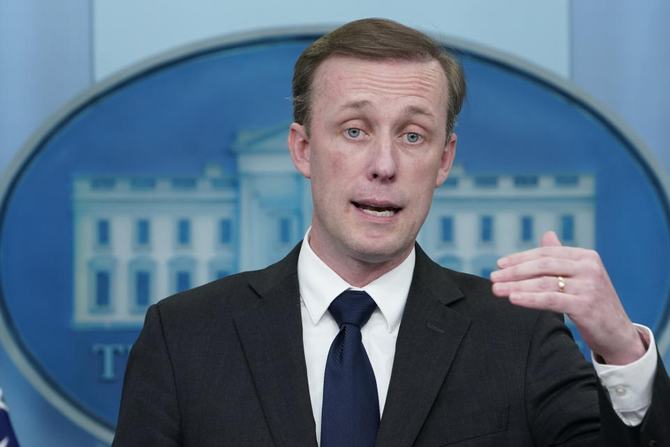 FILE - White House national security adviser Jake Sullivan speaks during the daily briefing at the White House in Washington, Dec. 12, 2022. Sullivan spoke by phone with Saudi Arabian Crown Prince Mohammed bin Salman on Tuesday, April 11, 2023, amid signs that the Saudis and Iran-allied Houthis in Yemen are making “significant progress” toward finding a permanent end to the nine-year conflict, according to a senior administration official. (AP Photo/Susan Walsh, File)