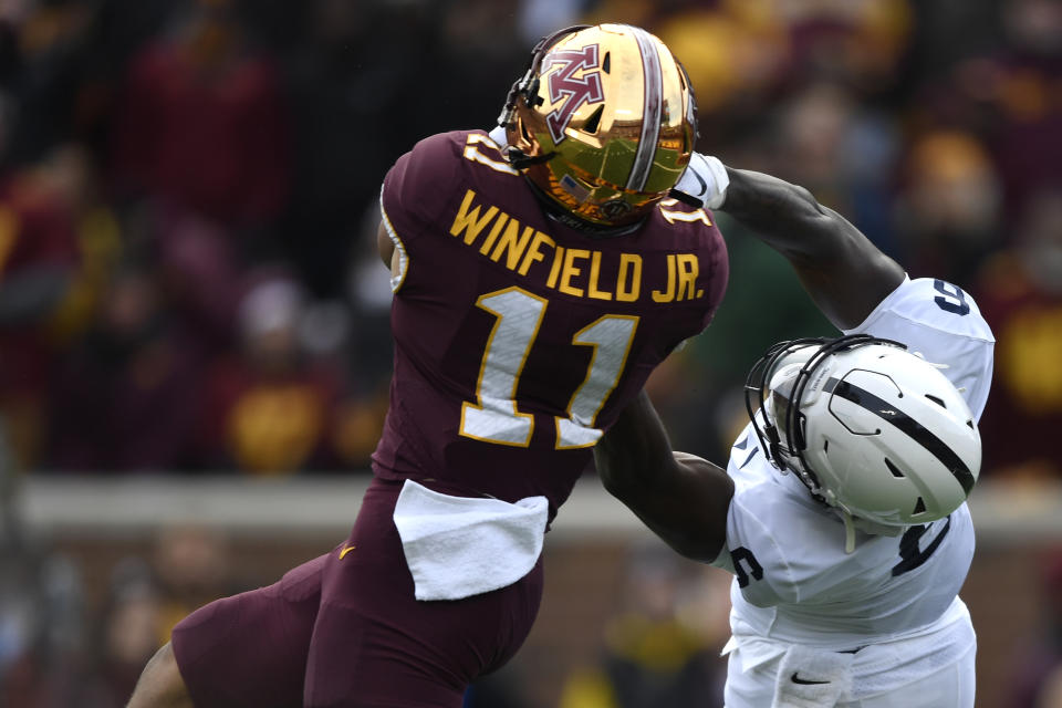 Minnesota DB Antoine Winfield Jr. hauled in two interceptions against Penn State and has an excellent chance to get his hands on more footballs this week. (Photo by Hannah Foslien/Getty Images)