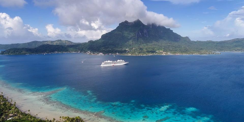 A Viking Ocean ship in Bora Bora, French Polynesia. The cruise line's ocean cruise ships are all identical.