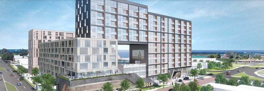 This provided rendering shows what a mixed-use high rise C will look like when it's completed in two years near Michigan City's lakefront.