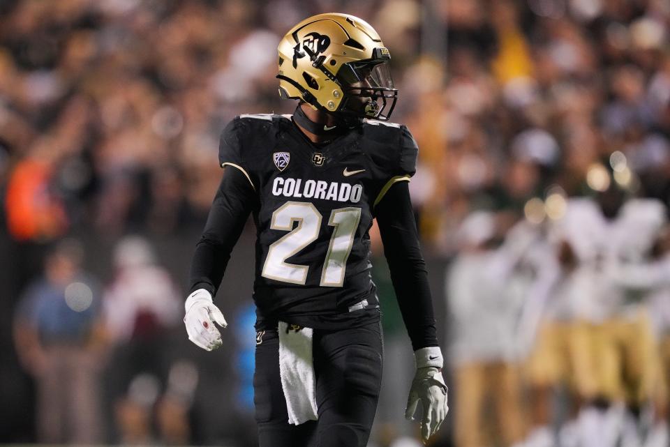 Colorado Buffaloes safety Shilo Sanders (21) looks on during the fourth quarter against the Colorado State Rams at Folsom Field on Sept. 16, 2023, in Boulder. Mandatory Credit: Andrew Wevers-USA TODAY Sports