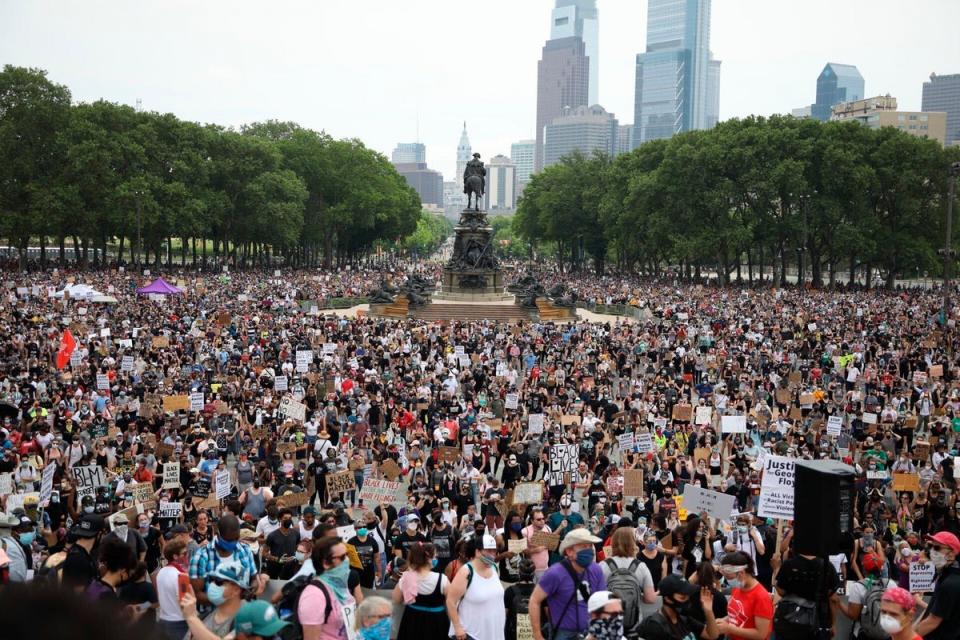 Protesters gather along the steps of the Philadelphia Art Museum and Eakins Oval during a protest (AP)