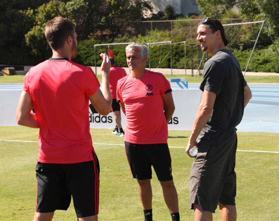 Ibrahimovic chats to Mourinho and Michael Carrick at UCLA