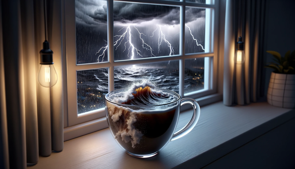 Imagen generada por IA de una taza de té con una ola violenta en su interior.  Detrás del alféizar de la ventana se avecina una tormenta.