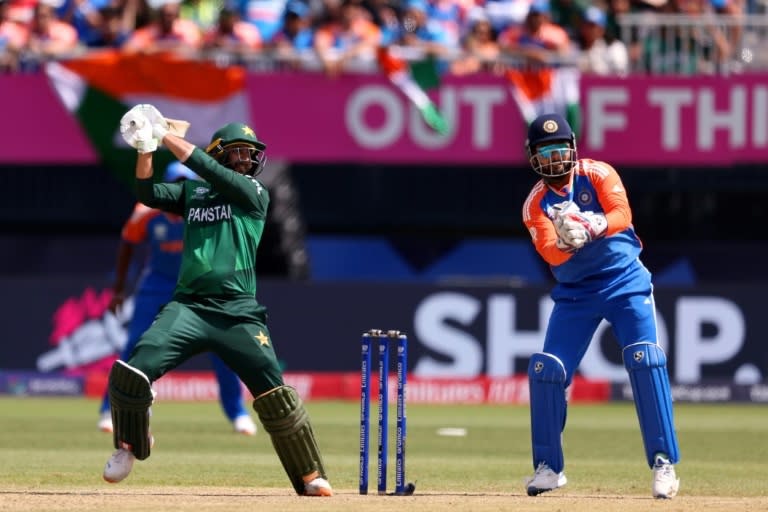 Imad Wasim of Pakistan bats during the T20 World Cup defeat to India in New York. (ROBERT CIANFLONE)