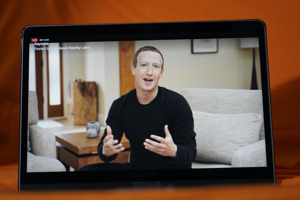 <span class="caption">Facebook CEO Mark Zuckerberg delivers the keynote address talking up his latest passion -- creating a virtual reality "metaverse" for business, entertainment and meaningful social interactions.</span> <span class="attribution"><span class="source">(AP Photo/Eric Risberg) </span></span>