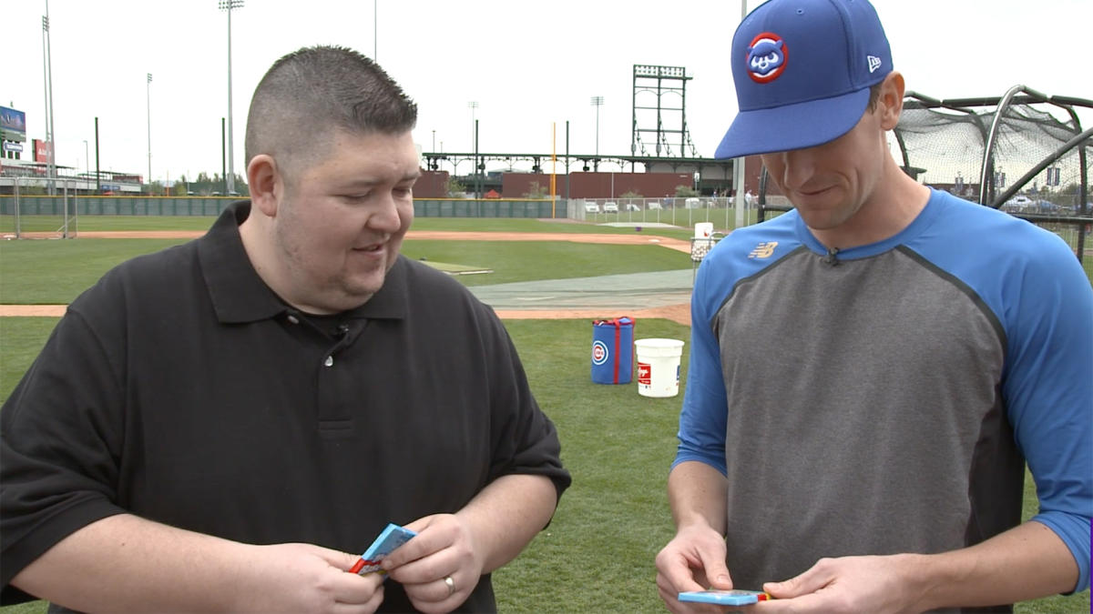 Opening 25-year-old baseball cards with Cubs pitcher Kyle Hendricks