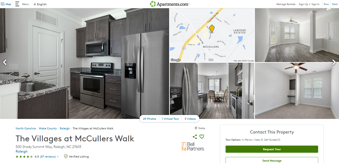 A listing for Raleigh’s The Villages at McCullers Walk on Apartments.com from April 25, 2024.