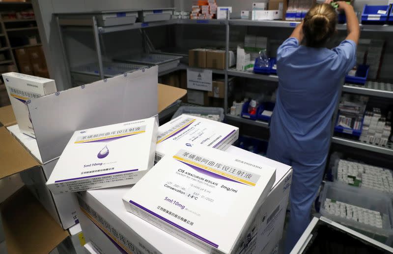 Boxes of anaesthetics are pictured, amid the coronavirus disease (COVID-19) outbreak, in Brussels