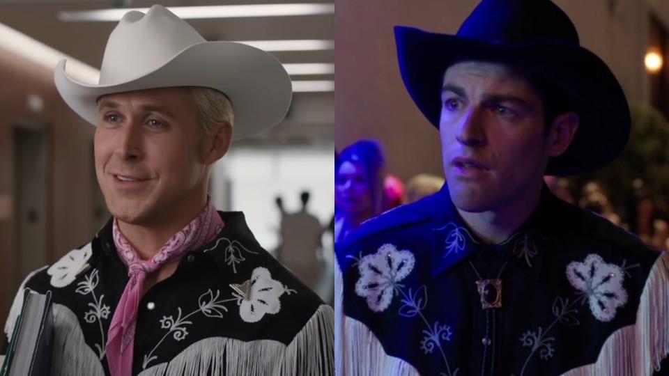 From left to right: Ryan Gosling in Barbie and Max Greenfield in New Girl, they're both wearing the same shirt.