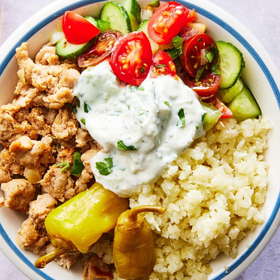 ground turkey with cauliflower rice, cucumber salad, and tzatziki