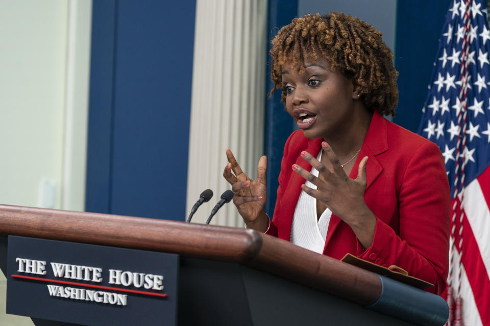 White House press secretary Karine Jean-Pierre speaks with reporters in the James Brady Press Briefing Room at the White House, Wednesday, Nov. 2, 2022, in Washington. (AP Photo/Alex Brandon)