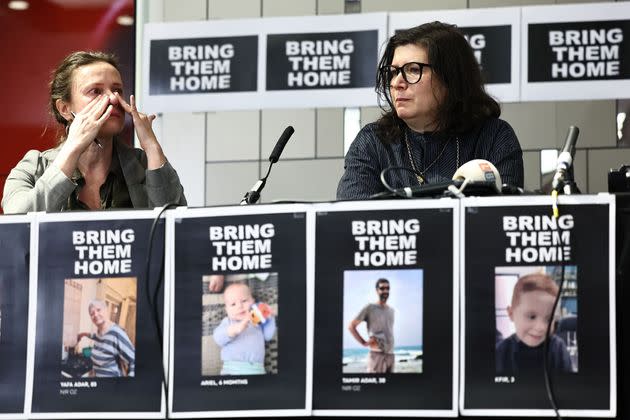 Family members of Israeli hostages hold a press conference Thursday in London.