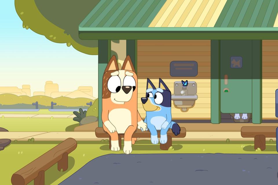 <p>Ludo Studio/Disney Junior</p> Chilli and Bluey in <em>Bluey</em>