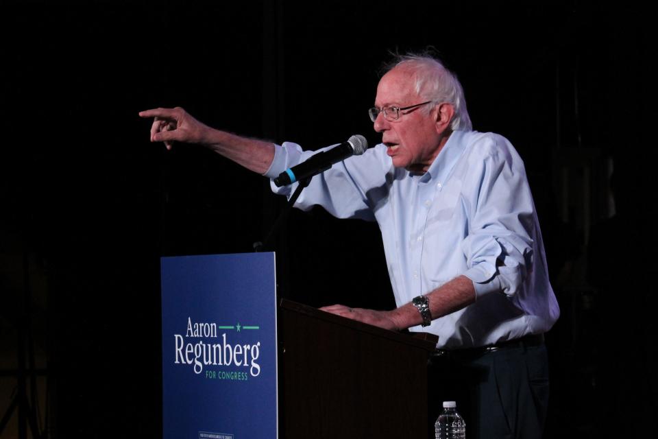Sen. Bernie Sanders, I-Vt., speaks during a get-out-the-vote rally at Columbus Theatre in Providence on Sunday.