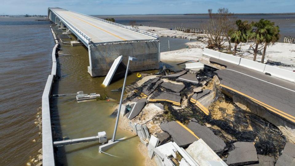 A section of the Sanibel Causeway was lost due to the effects of Hurricane Ian Thursday, Sept. 29, 2022, in Fort Myers, Fla.