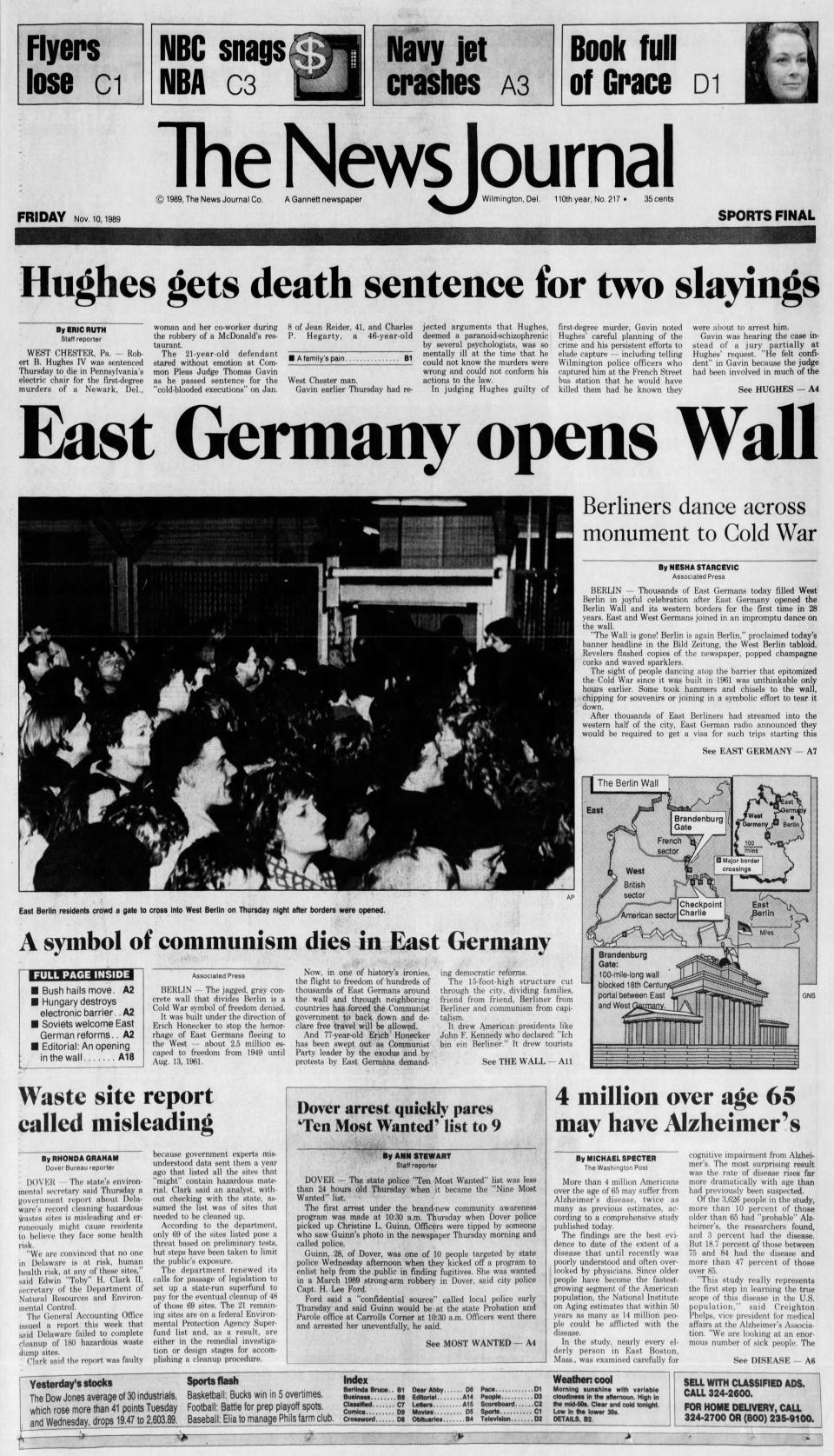 Front page of The News Journal from Nov. 10, 1989.