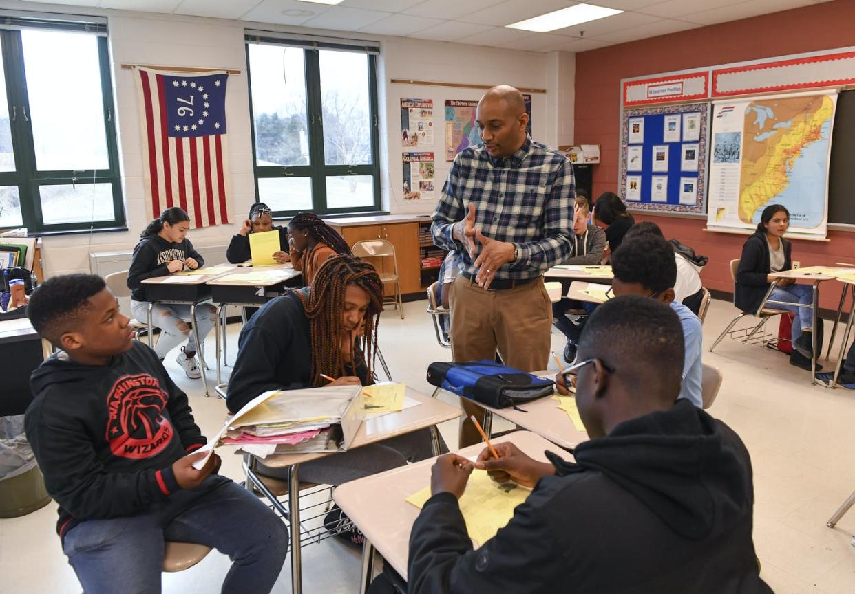 <span class="caption">U.S. teachers often struggle to depict the realities of slavery in America. </span> <span class="attribution"><a class="link " href="https://www.gettyimages.com/detail/news-photo/history-teacher-philip-e-jackson-speaks-to-a-group-of-his-news-photo/1164589935?adppopup=true" rel="nofollow noopener" target="_blank" data-ylk="slk:Ricky Carioti/The Washington Post via Getty Images;elm:context_link;itc:0;sec:content-canvas">Ricky Carioti/The Washington Post via Getty Images</a></span>