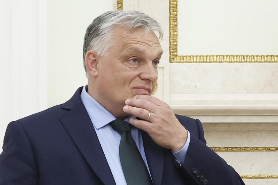 Hungarian Prime Minister Viktor Orban attends a meeting with Russian President Vladimir Putin in Moscow, Russia, Friday, July 5, 2024. (Valeriy Sharifulin, Sputnik, Kremlin Pool Photo via AP)