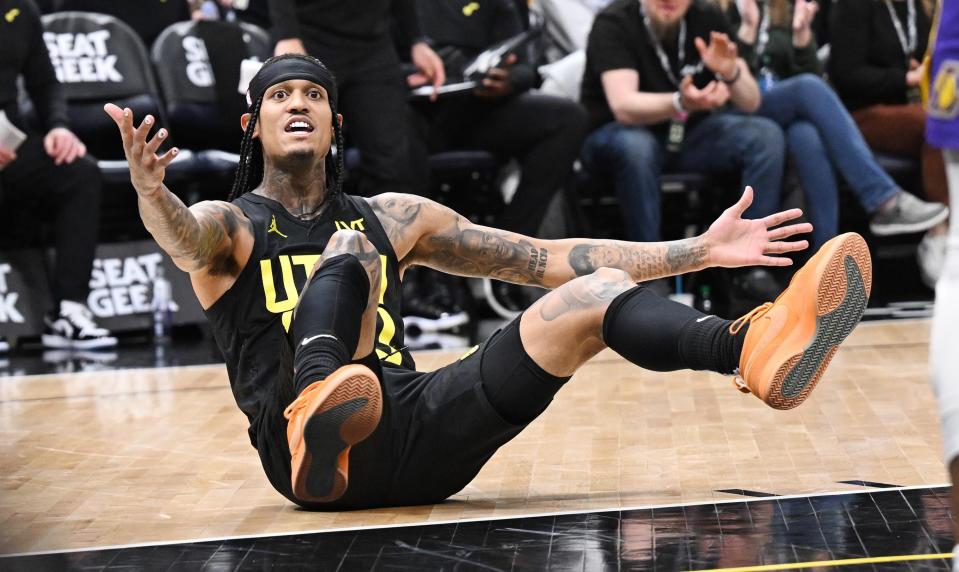 Utah Jazz guard Jordan Clarkson (00) looks for a call after a shot attempt as the Utah Jazz and the Los Angeles Lakers play at the Delta Center in Salt Lake City on Wednesday, Feb. 14, 2024. | Scott G Winterton, Deseret News