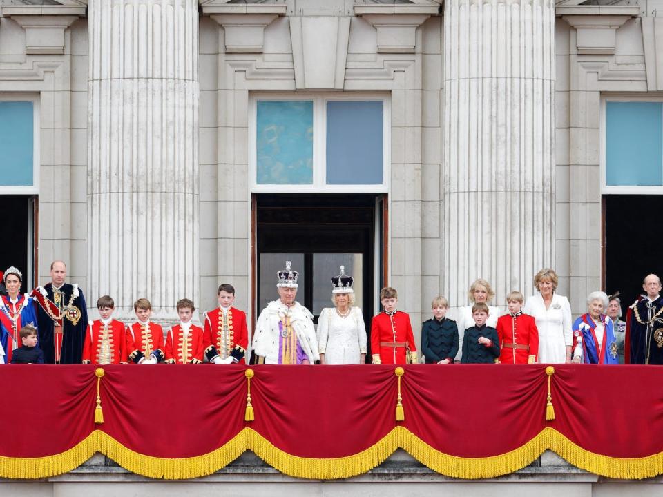 The royal family appears on the balcony of Buckingham Palace after King Charles III's coronation.